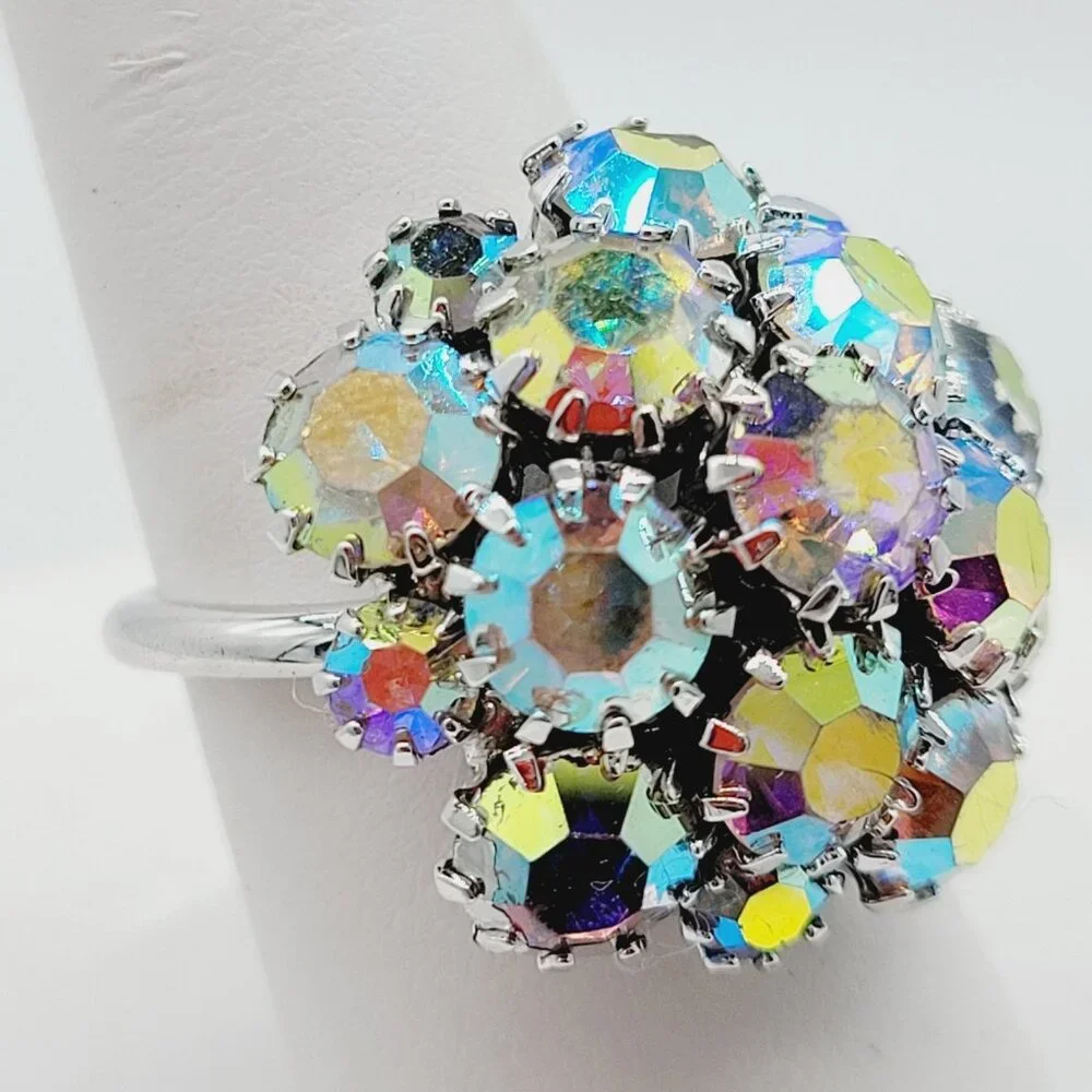 Vtg Sarah Coventry Bewitching Adjustable AB Cluster Ring Silver Tone READ
